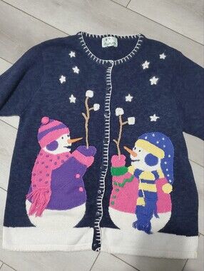 Vintage Quacker Factory Snowman Marshmallow Roast Cardigan Sweater Sz XL